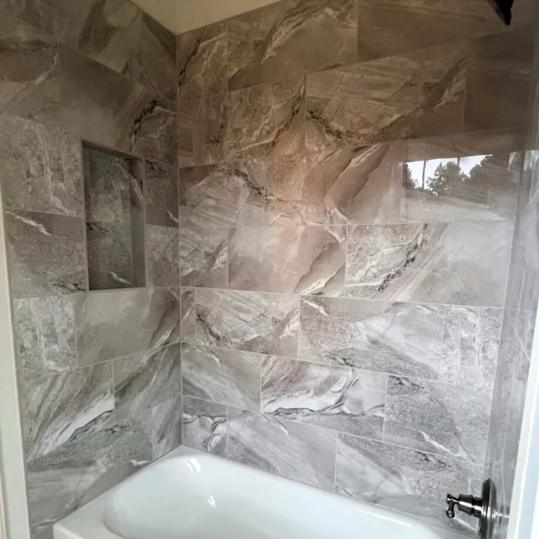 BRIANS-FLOORING-DESIGN-WONDER-PORCELAIN-FOSSILIQUE-BEDROCK-BEIGE-TUB-SURROUND Wall tile | Brian's Flooring & Design