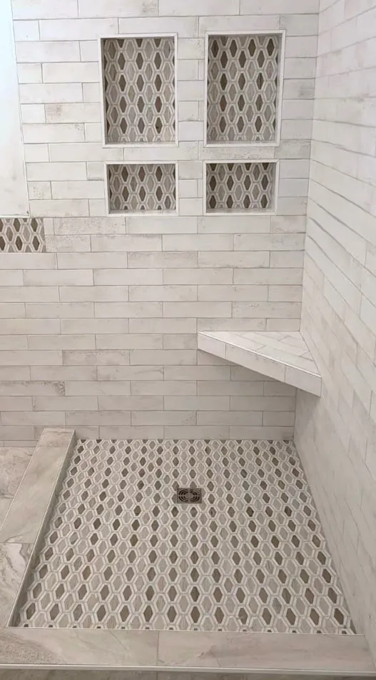 BRIANS-FLOORING-PRESTIGE-INDUSTRIAL-PORCELAIN-TILE-WALL-GLAZZIO-GARDEN-PARTY-ESPRESSO-TAN-MOSAIC-SHOWER-FLOOR Flooring | Brian's Flooring & Design