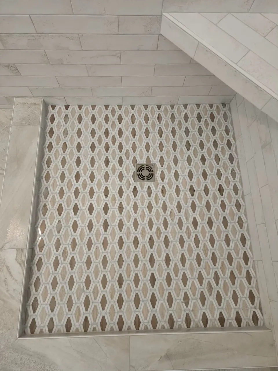 BRIANS-FLOORING-JEFFREY-COURT-GARDEN-PARTY-MOSAIC-MARBLE-SHOWER-FLOOR Shower floor | Brian's Flooring & Design