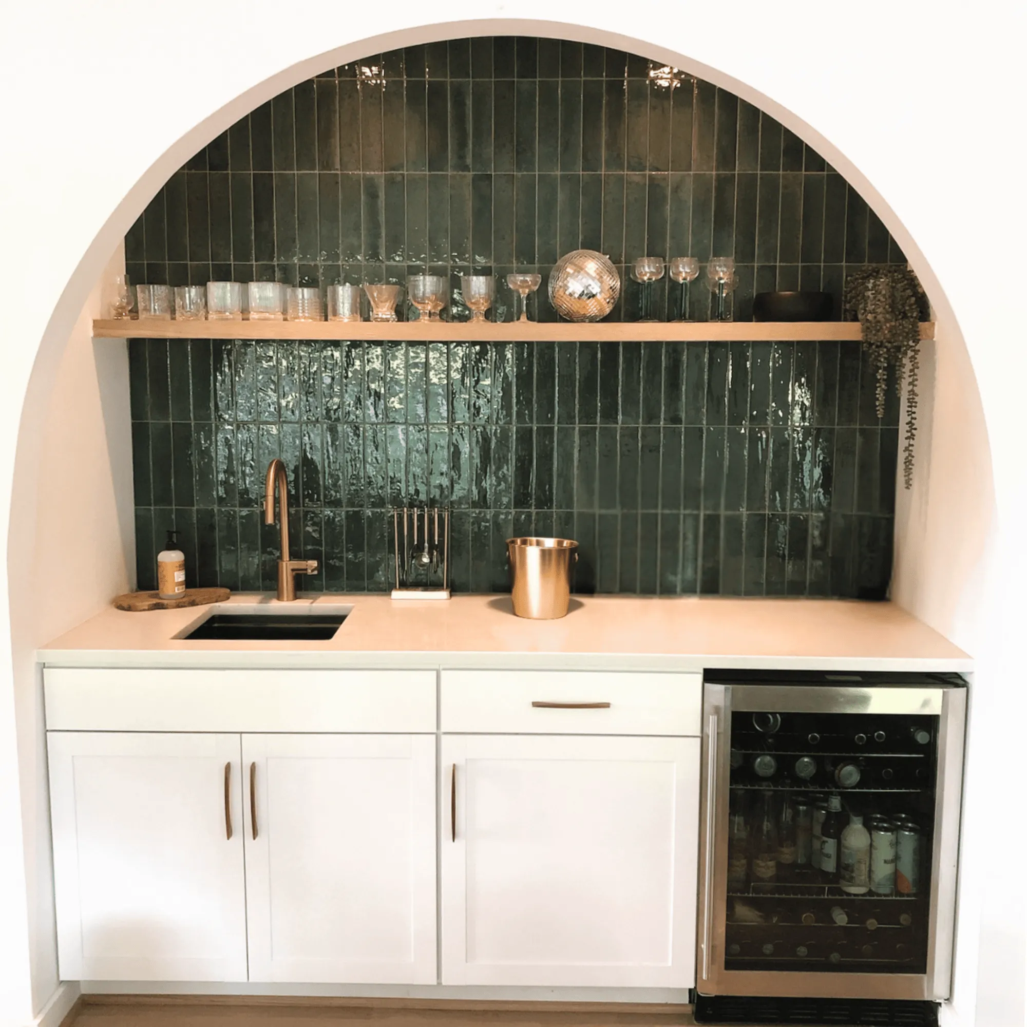 Tile-backsplash-wood-shelving-and-wet-bar-stone-top Kitchen backsplash | Brian's Flooring & Design