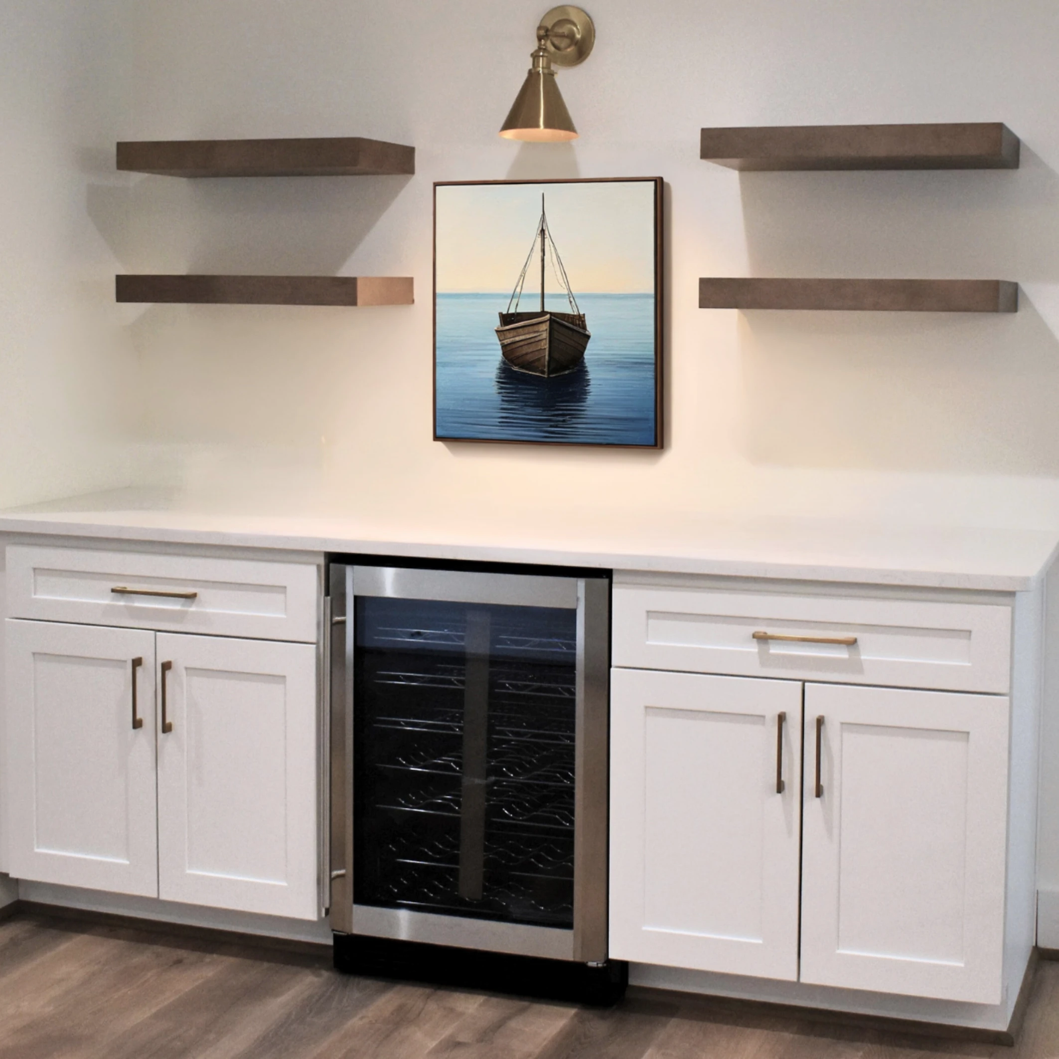 Quartz top wet bar and wood shelves