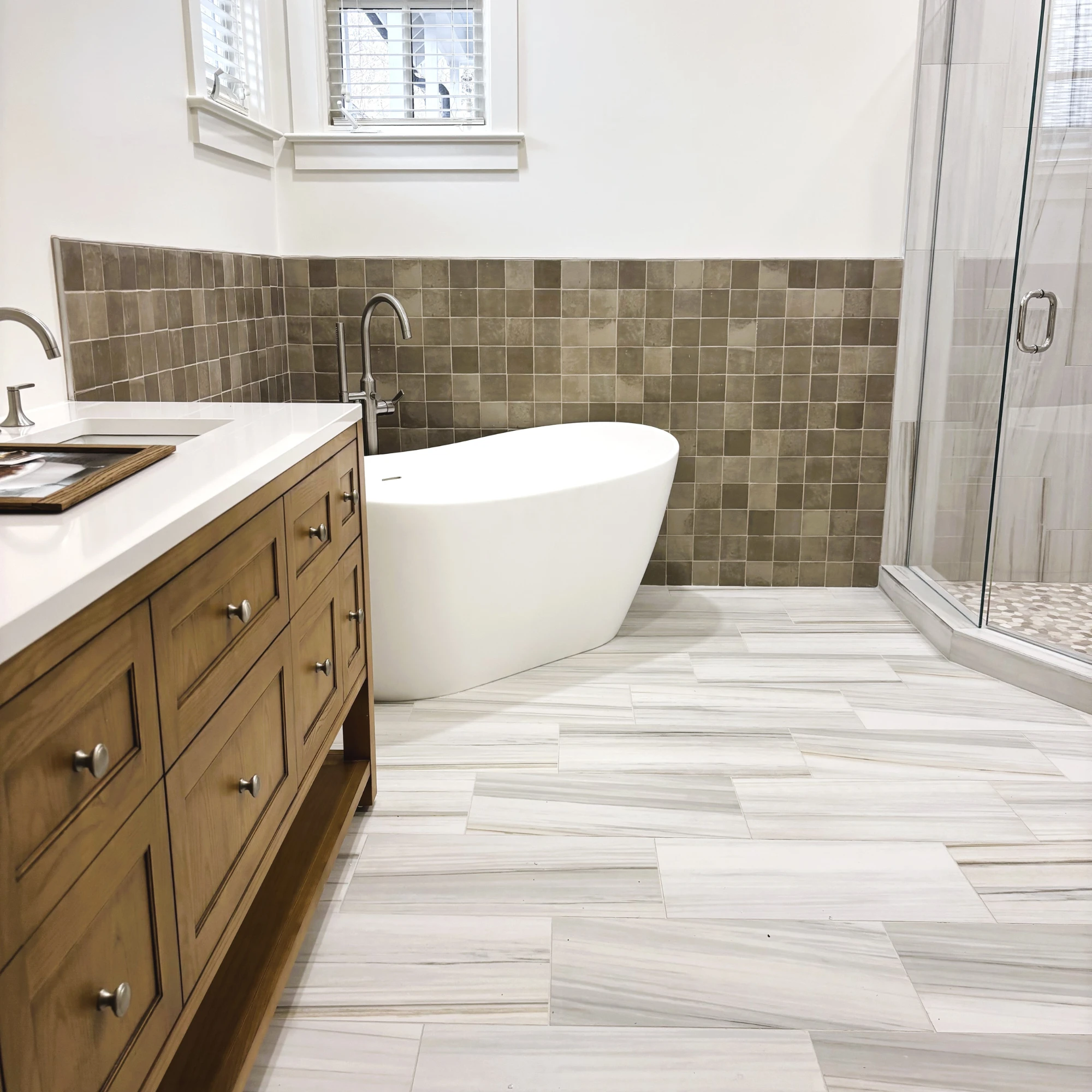 Tile tub surround, floor, and vanity top