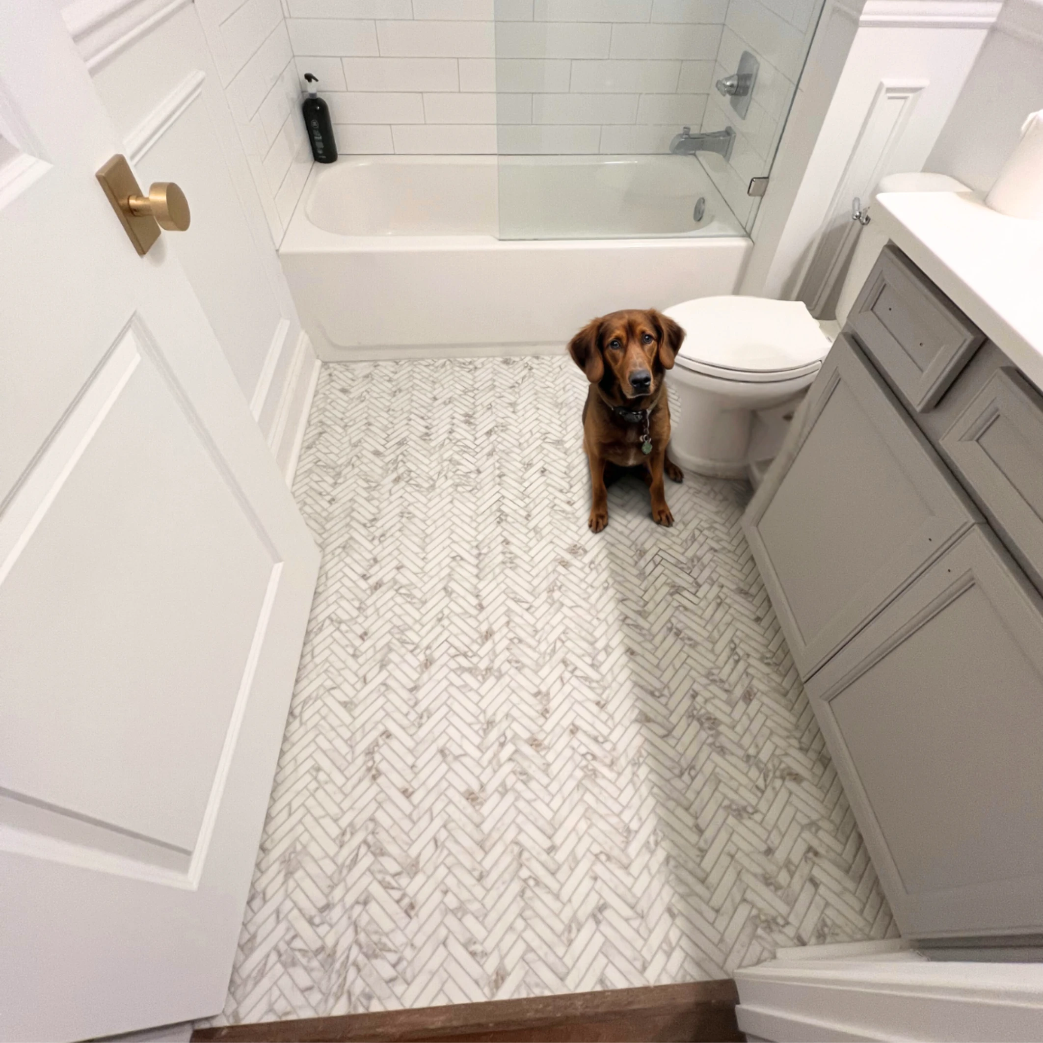 bathroom tile herringbone floor and subway tub surround