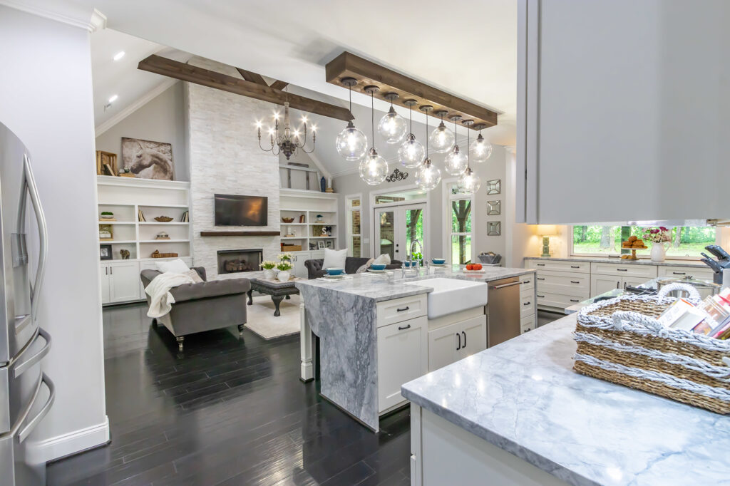 Kitchen island showing a detailed countertop edge with coordinating cabinets and flooring